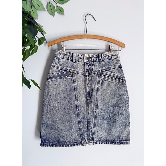 Vintage Dresses & Skirts - Vintage 80’s Acid Washed High Waisted Retro Grunge Denim Skirt